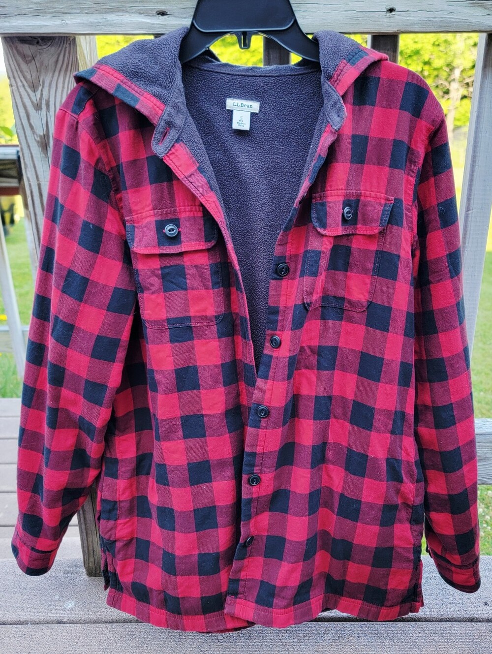 L.L. Bean Red and Black Buffalo Plaid Hooded Flannel Shirt, Buttons Fleece Lined